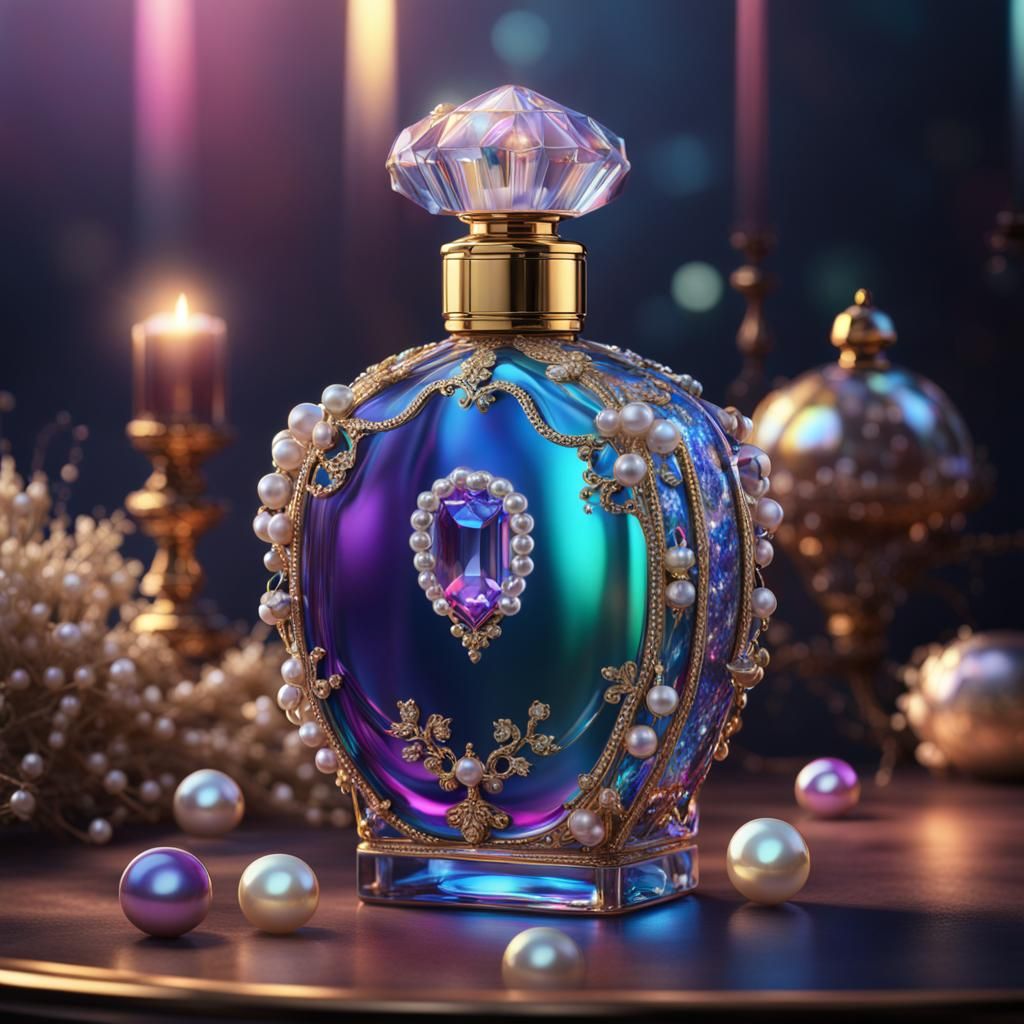 Iridescent Perfume Bottle with Gemstones, Matte Painting