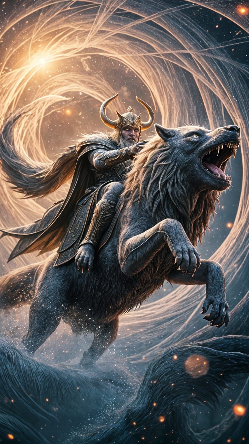 Futuristic Odin Rides Fenrir in Mystic Realm