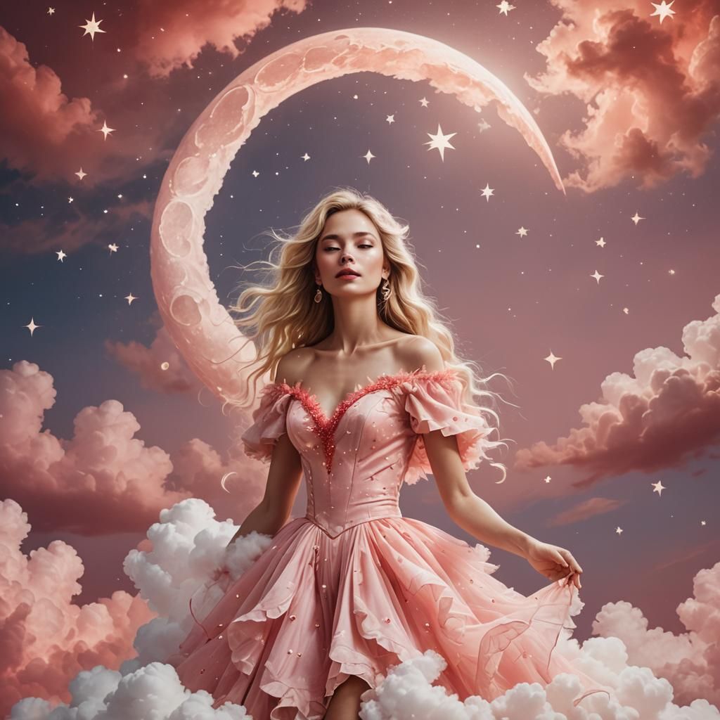 Woman in Red Dress on Cloud in Pink Sky