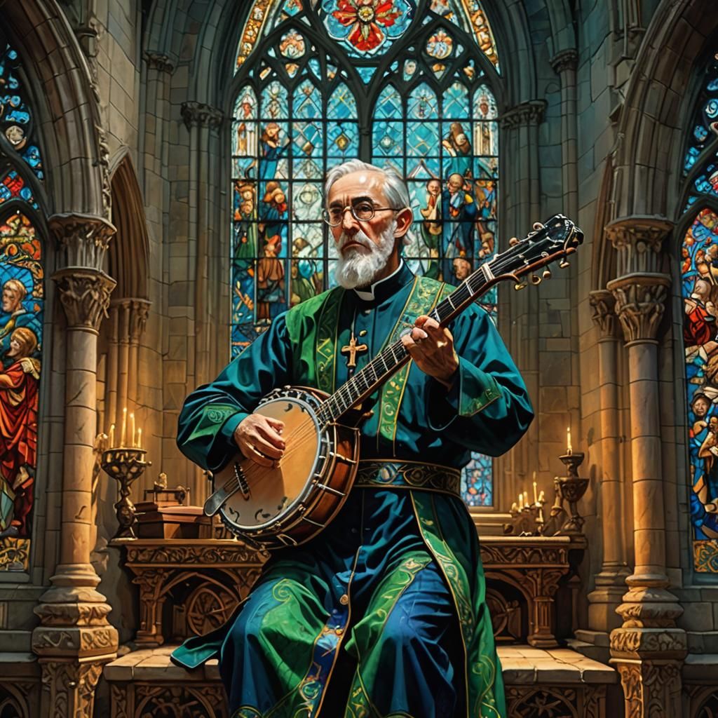 Priest Plays Banjo in Gothic Cathedral, Digital Painting