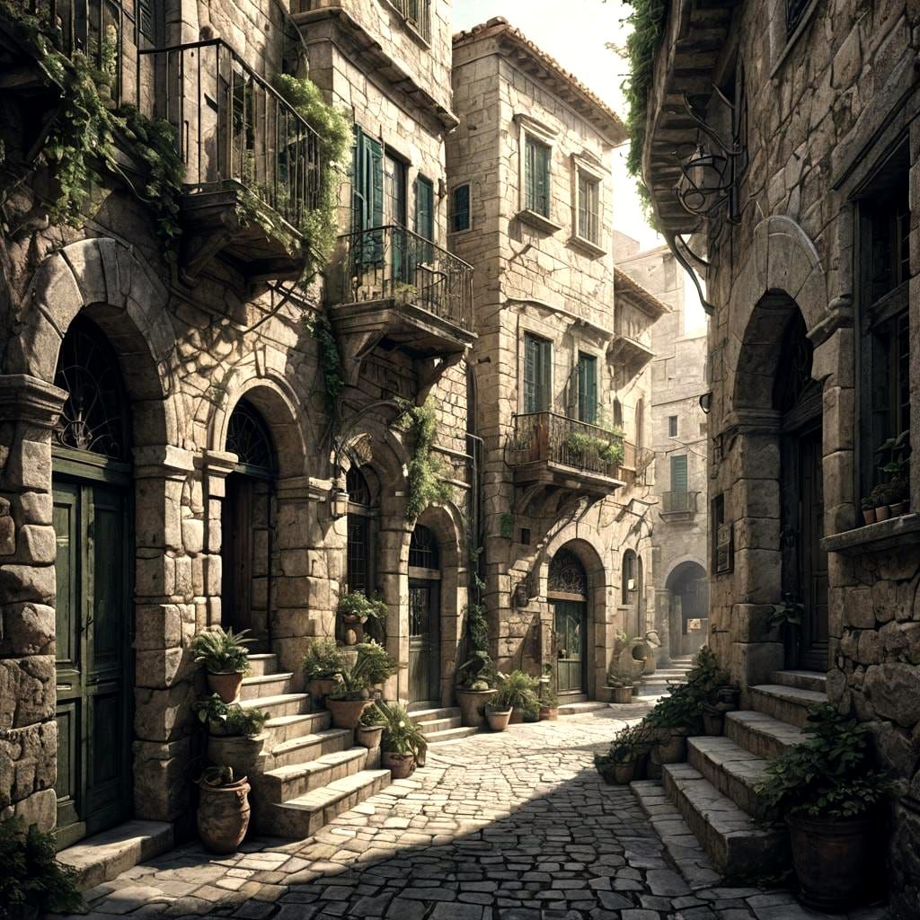 Old Mediterranean Street in Grayscale, 3D Rendering
