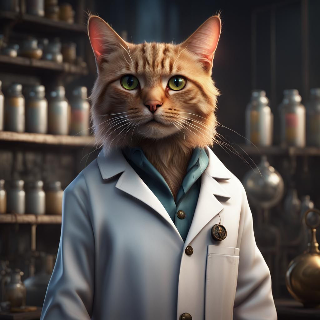Cat Experimenting in Lab Coat: Detailed Matte Painting