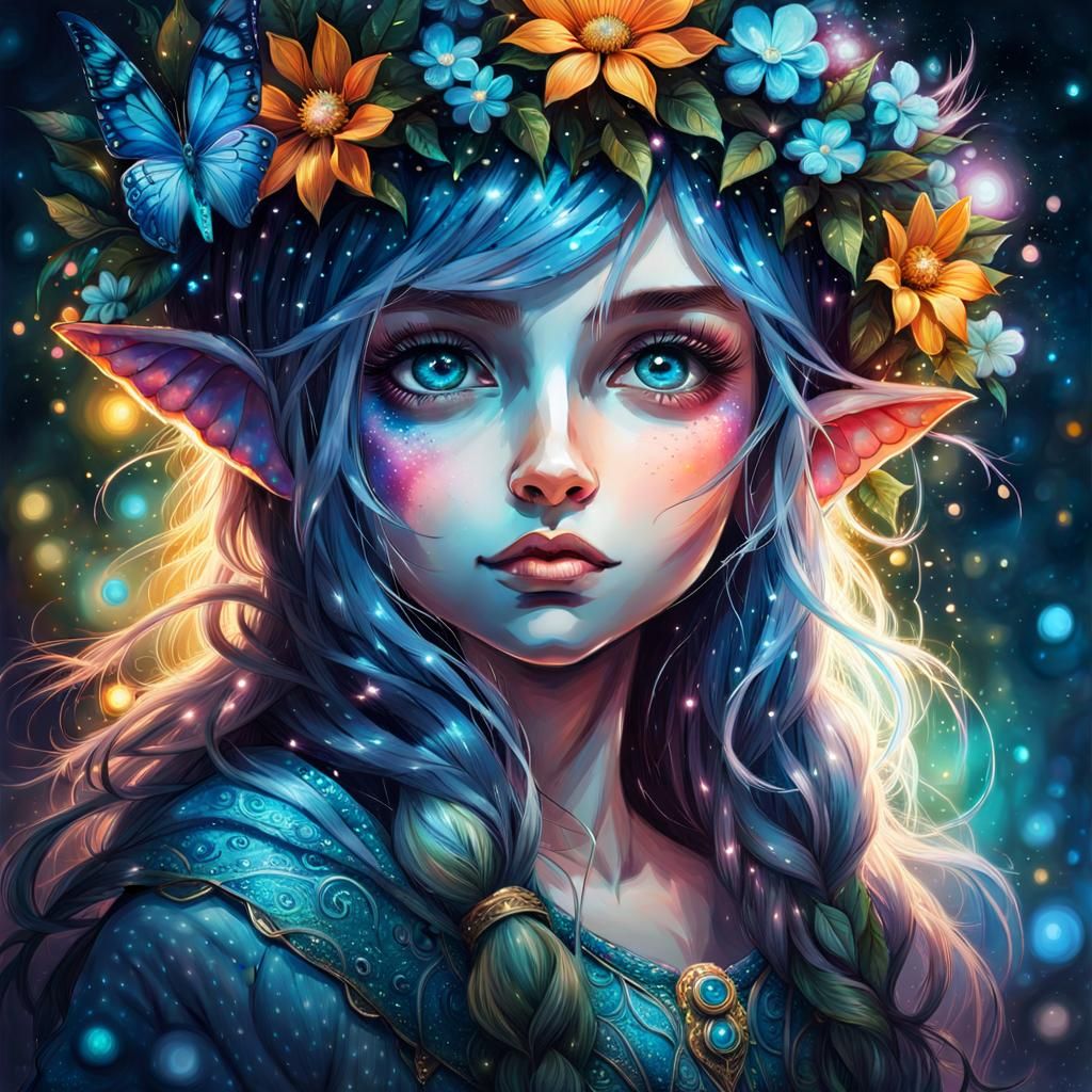 Adorable Elf Girl with Glowing Eyes in Splash Art