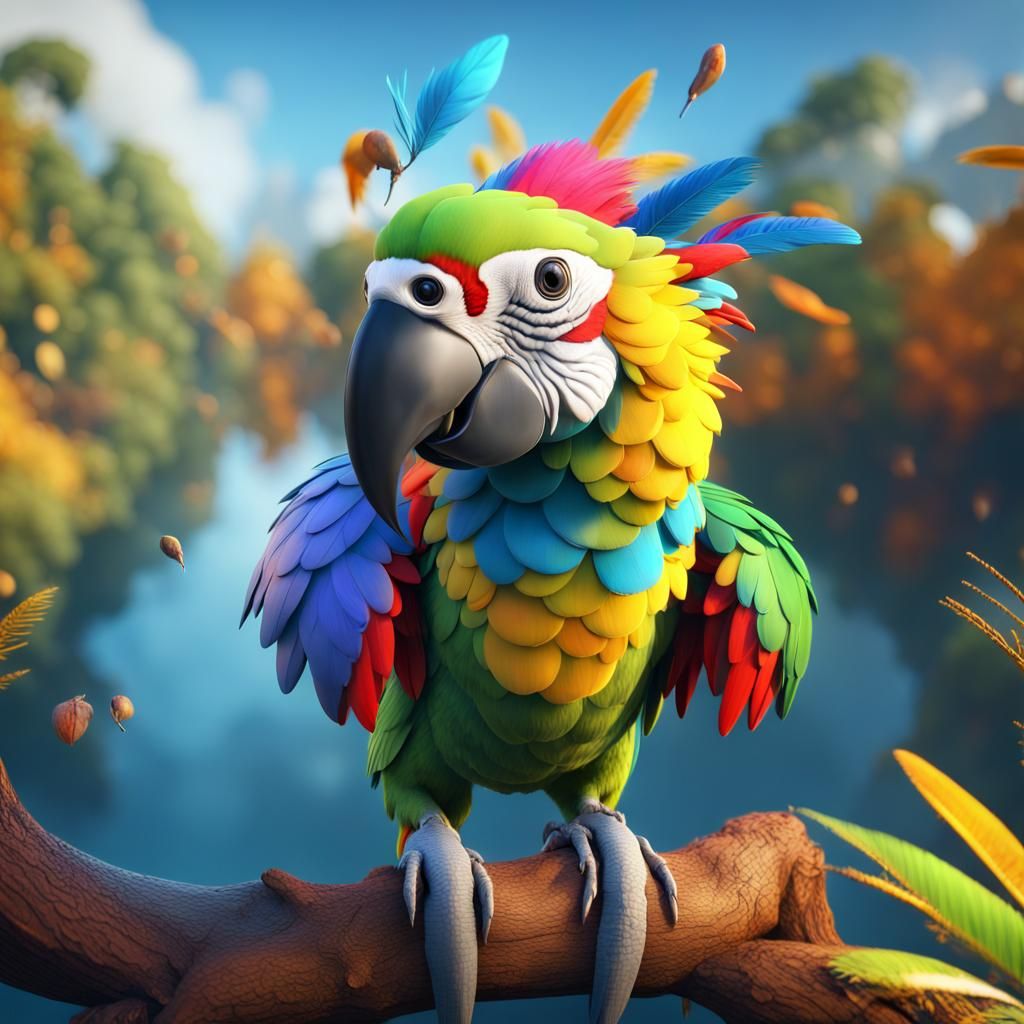 Colorful Parrot on Branch in Bright Forest