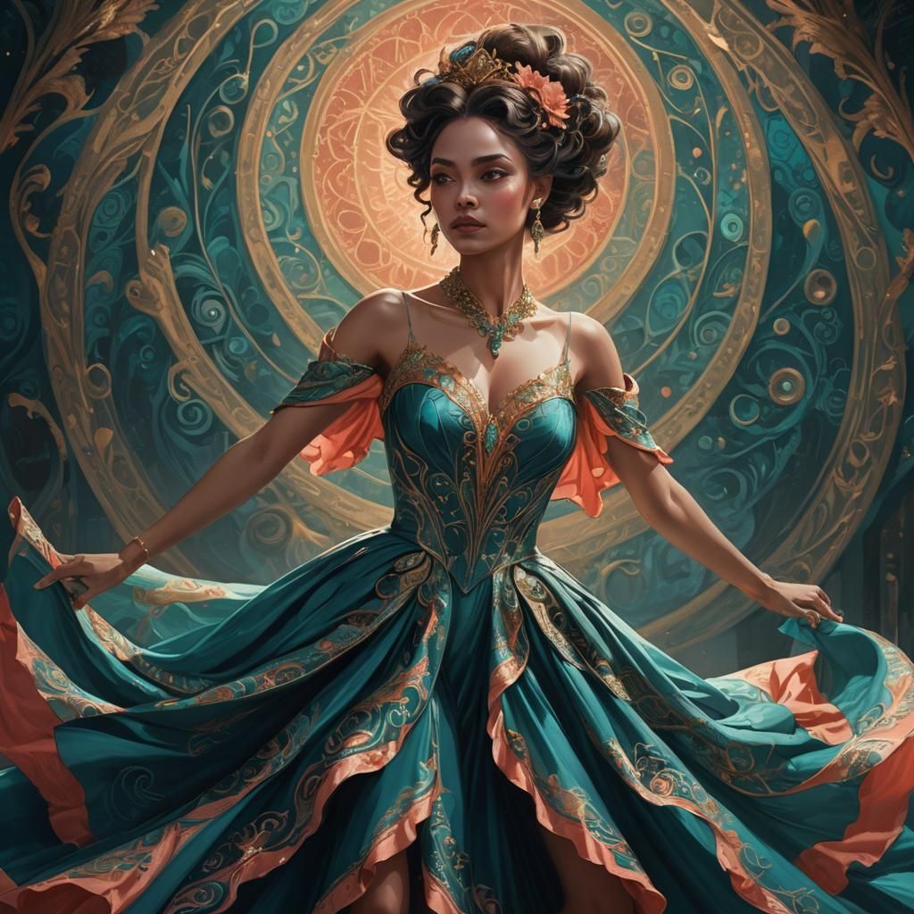 Woman with Cat Eyes in Teal Dress: Digital Art