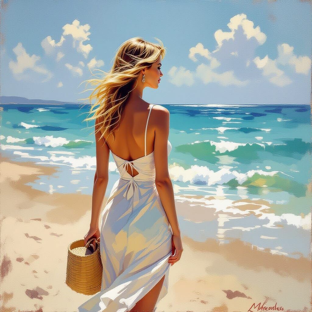 Impressionistic Beach Scene with Blonde Woman at Twilight