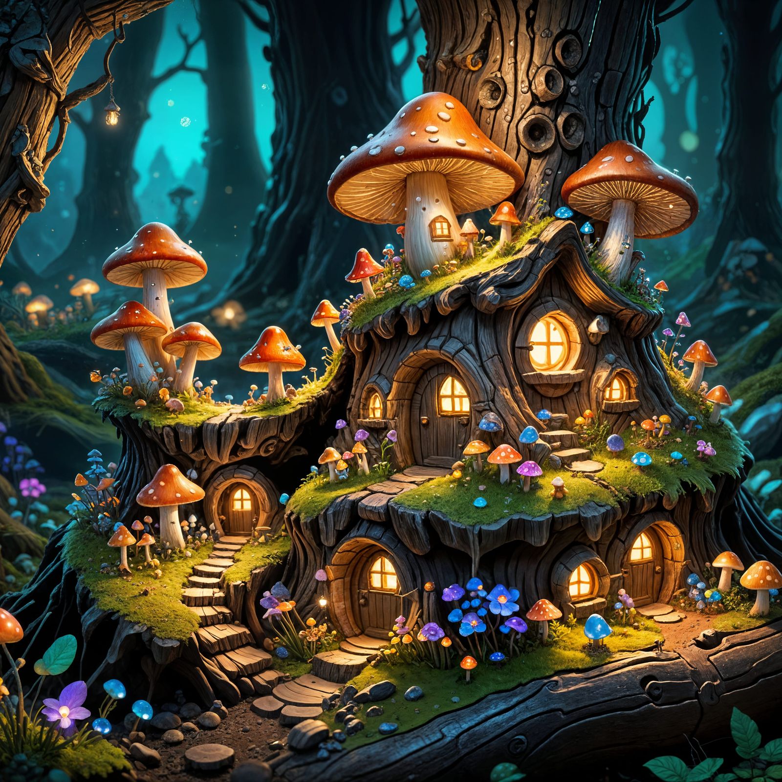 Glowing Mushroom Village in Hollow Log