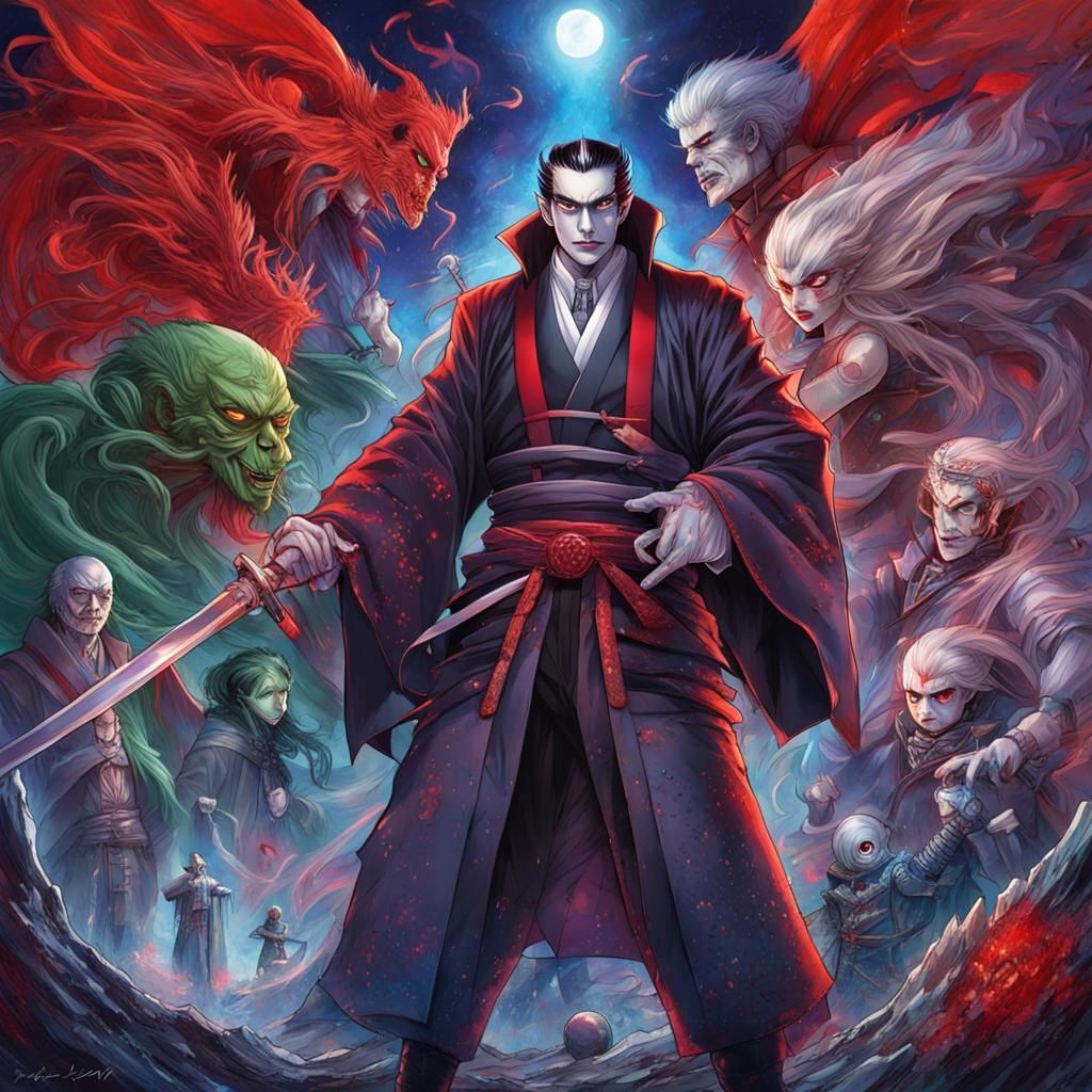 Dracula Samurai: Anime Key Visual in Cosmic Art Style