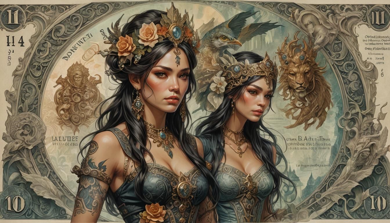 Fantasy Banknote with Tattoo Art Females in Oil Painting Sty...