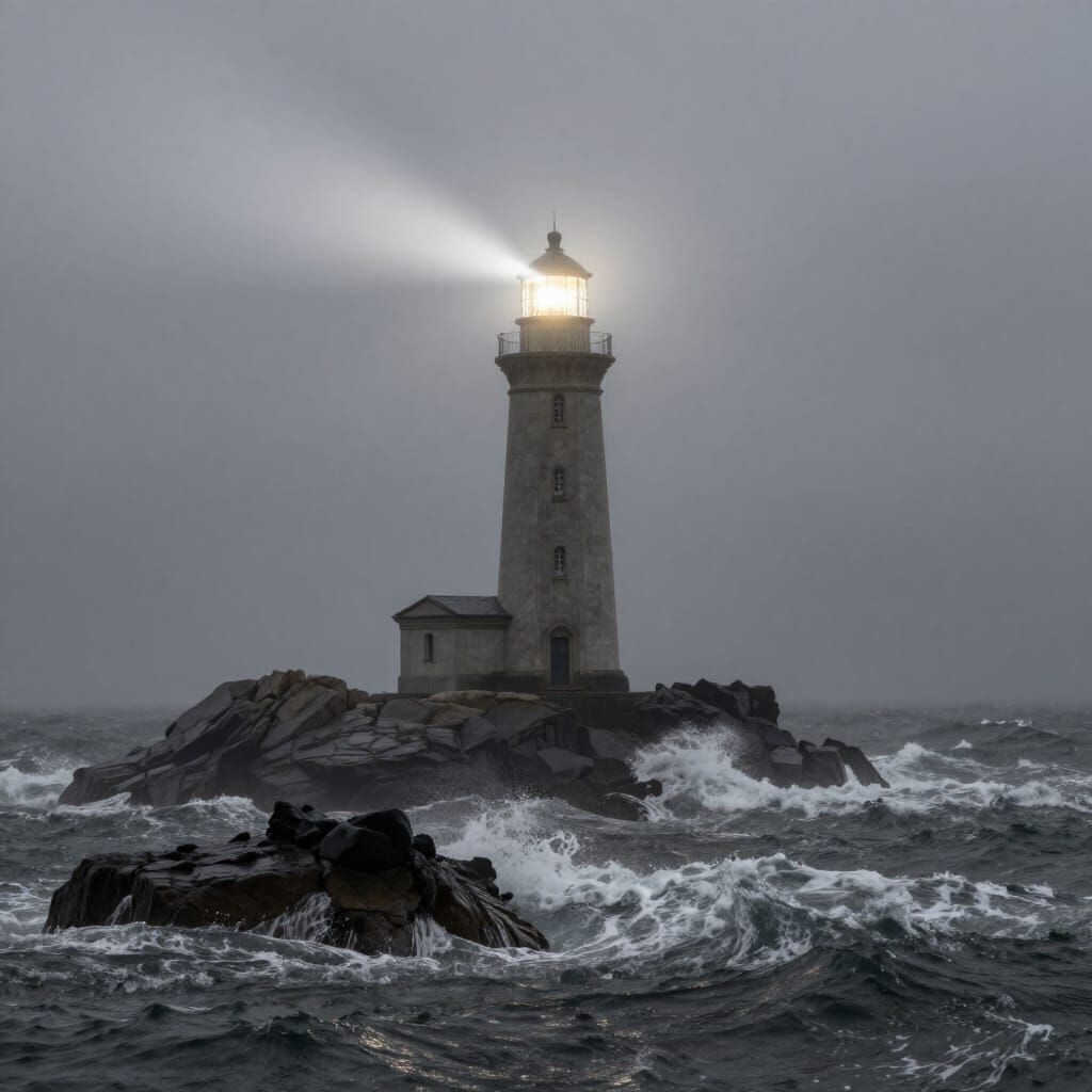 Majestic Lighthouse Beam Pierces Stormy Fog
