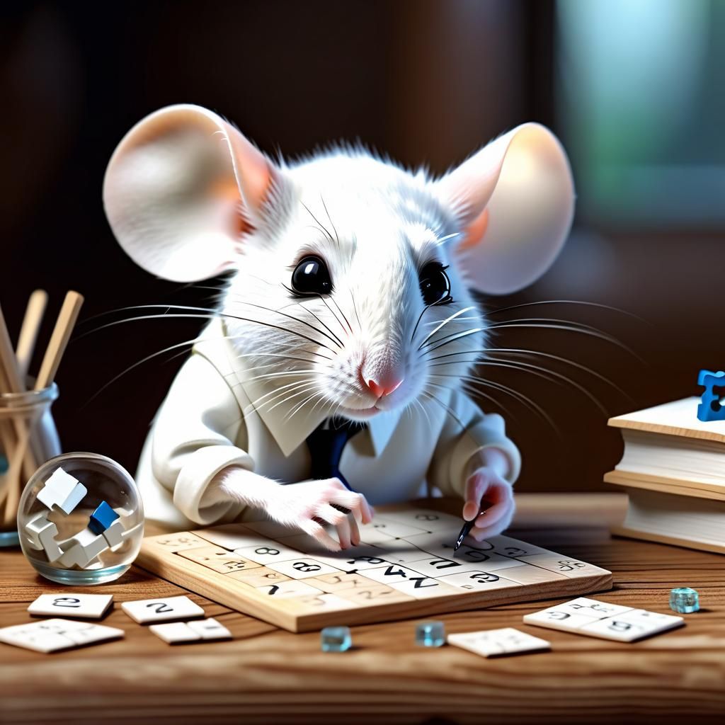 Whimsical White Mouse Solving Puzzles