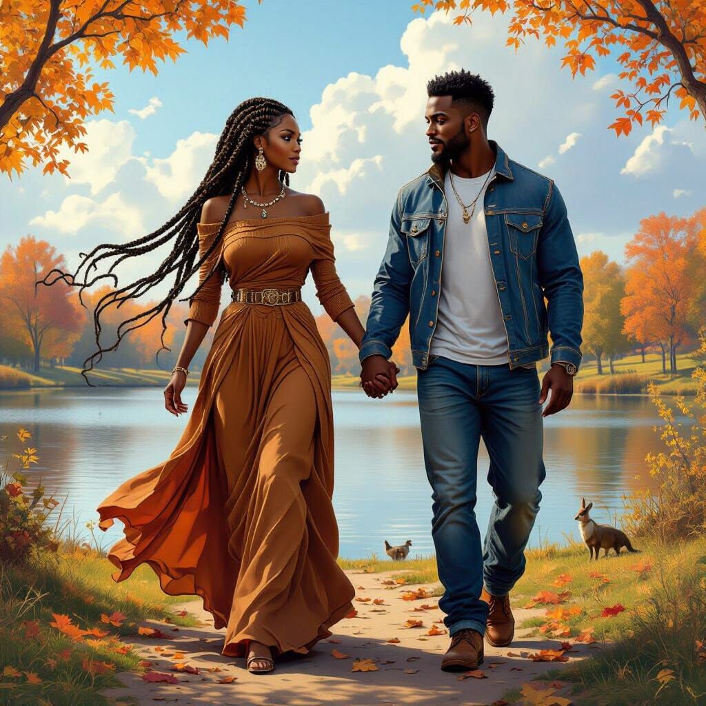 African Gods in Autumn Park by Serene Lake