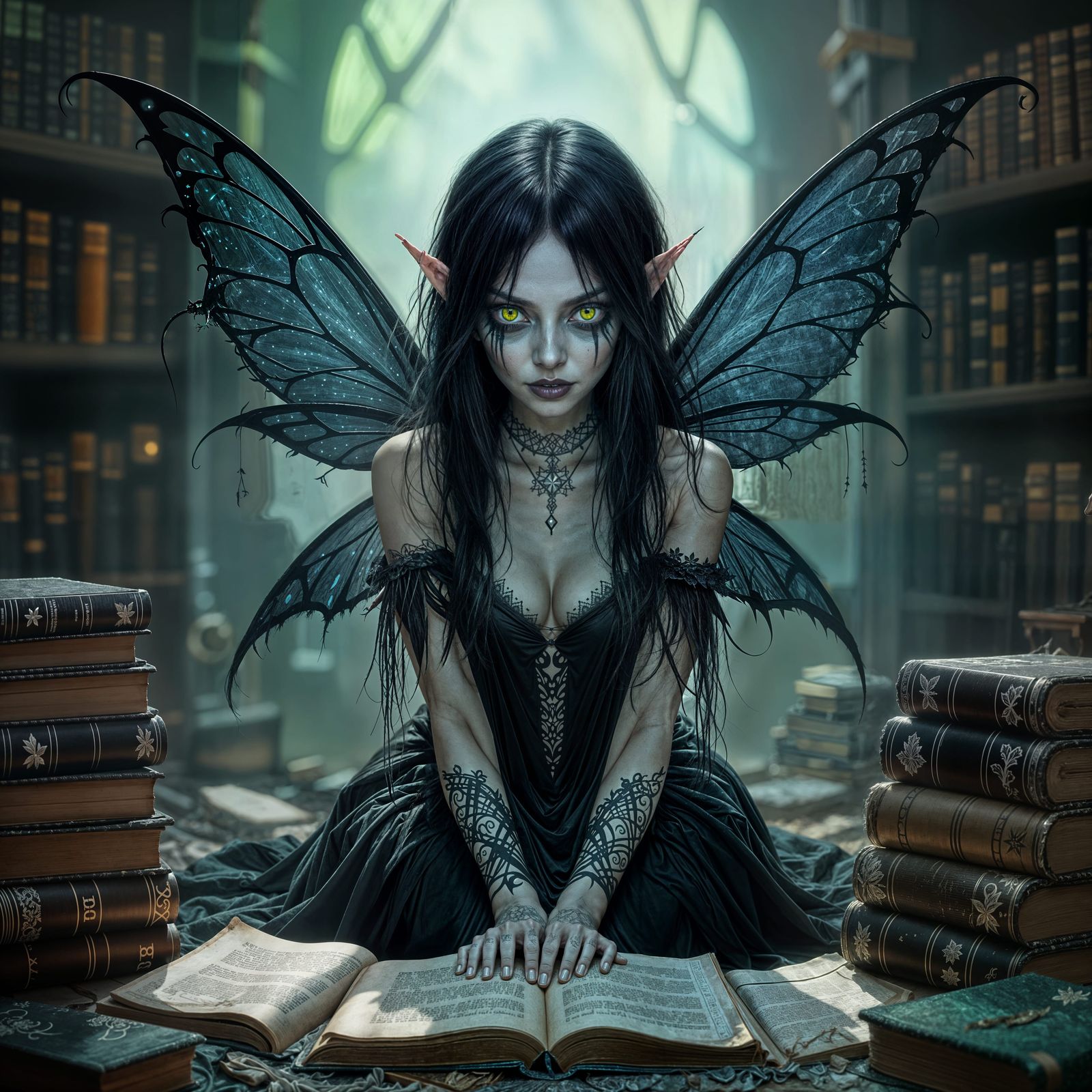 Shadow Fairy with Tattered Wings in Dusty Room