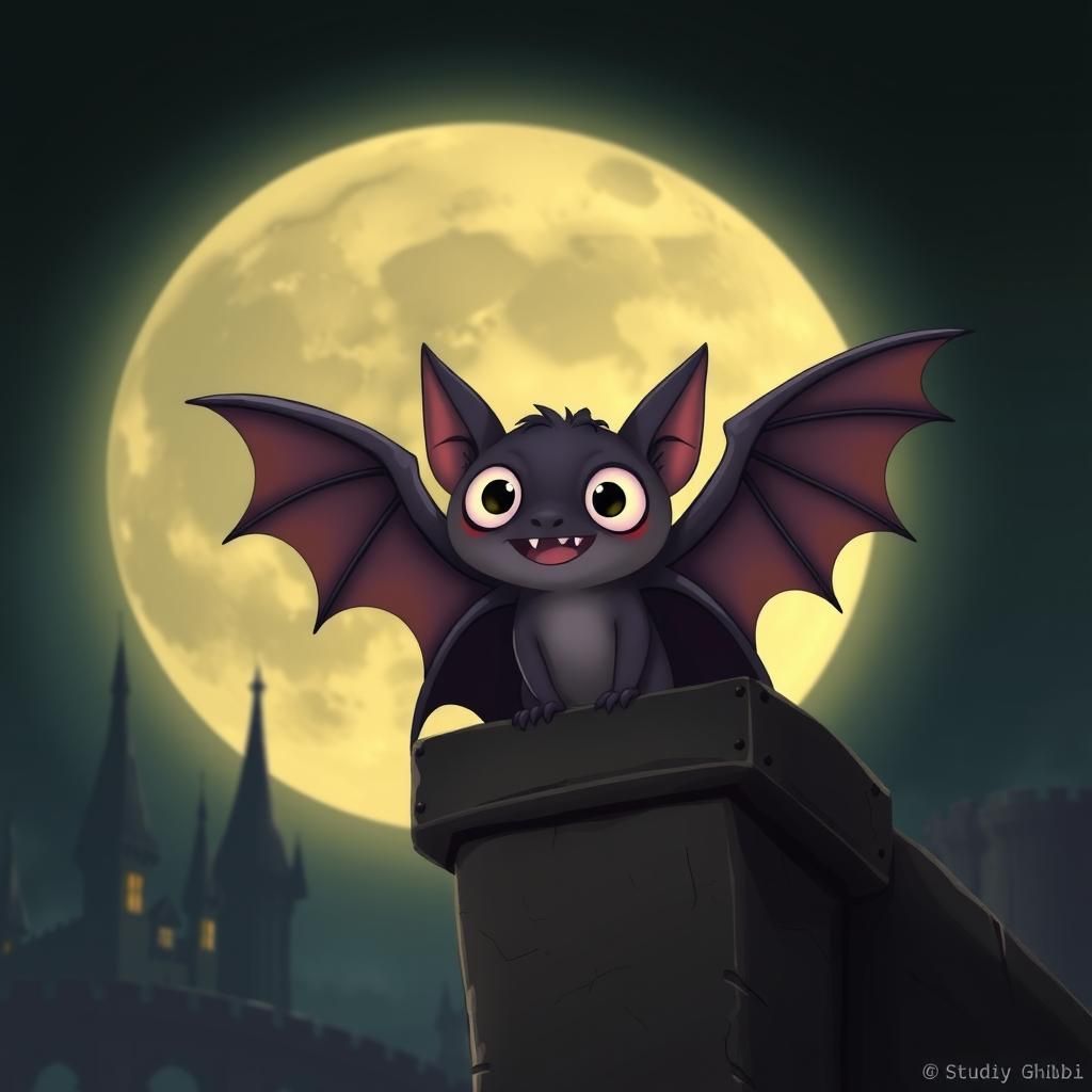 Art by Studio Ghibli, a tiny vampire bat with oversized wing...