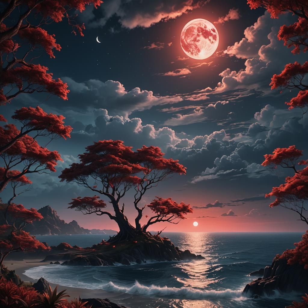Red Moonlit Ocean View: Fantasy Concept Art