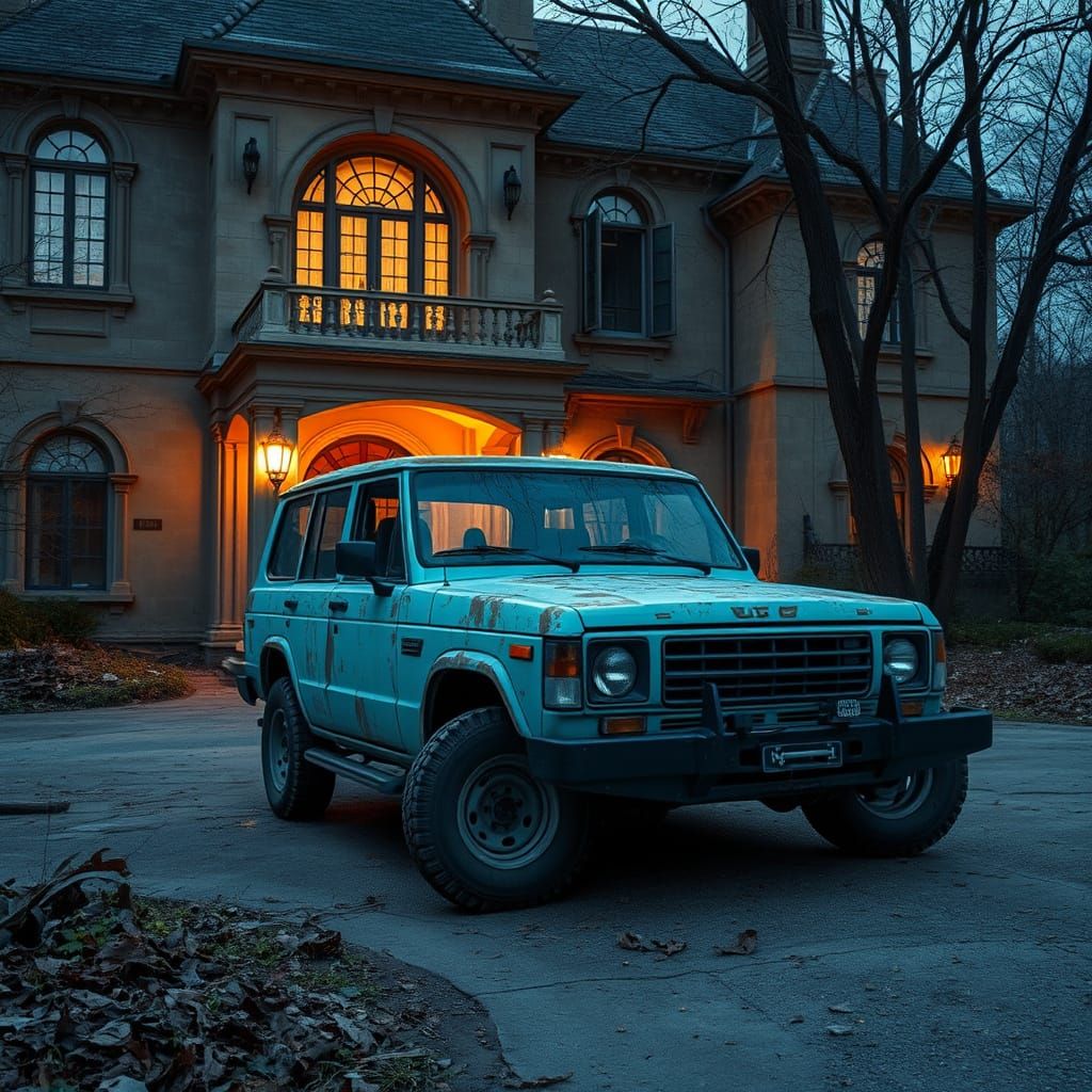 Bare-Chested Woman Approaches Decaying Mansion