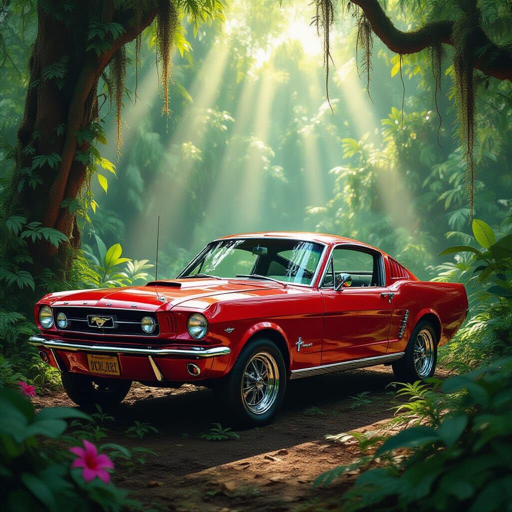 Vintage Mustang in Lush Jungle Clearing