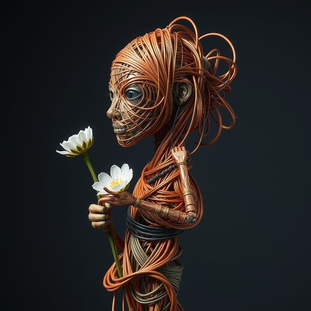 Copper Wire Humanoid Holding Flower Sculpture