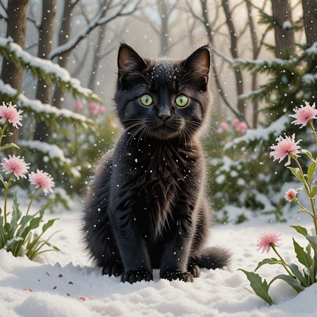 Winter Whimsy of a Fluffy Black Kitten
