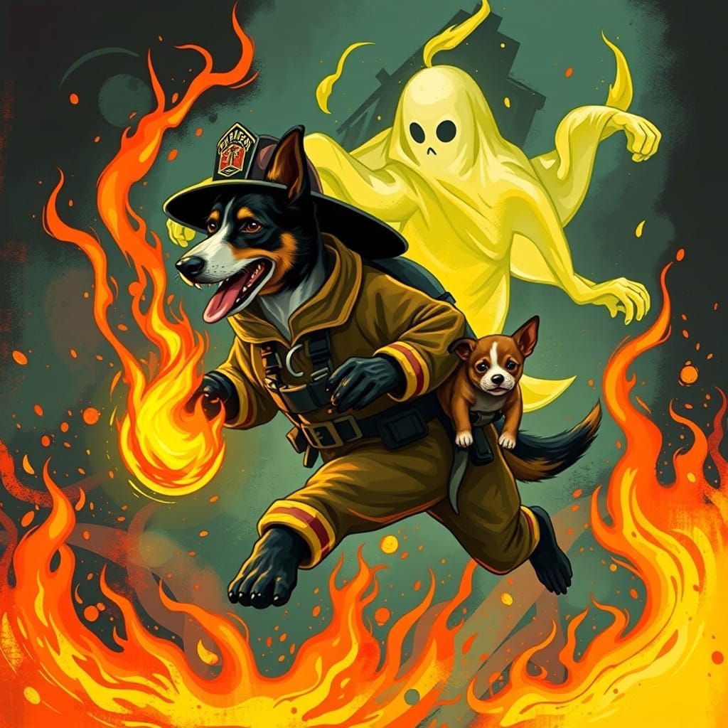 Dog Firefighter Emerges from Macabre Art Deco Flames with a....