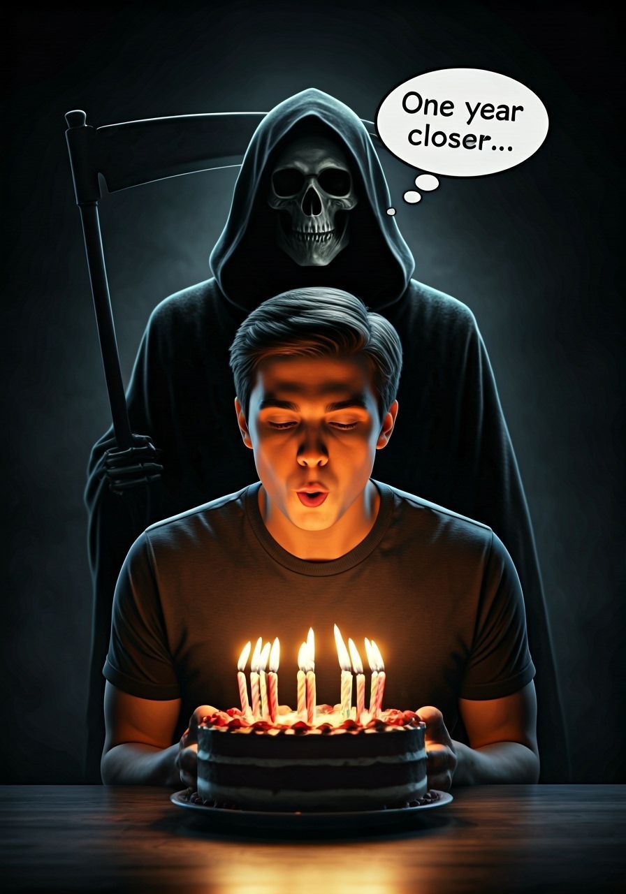 Birthday Cake Moment with Grim Reaper Silhouette