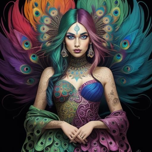 Rainbow Woman with Peacock Feathers in Cubist Style