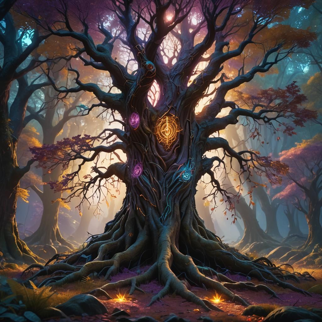 Mystical Tree with Glowing Runes in Fantasy Forest