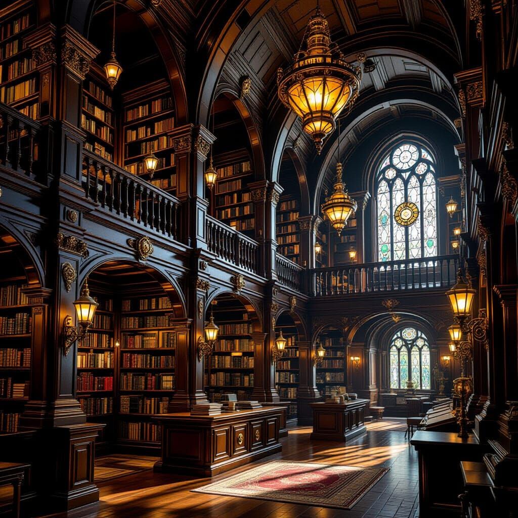 Steampunk Library with Magical Realism Elements