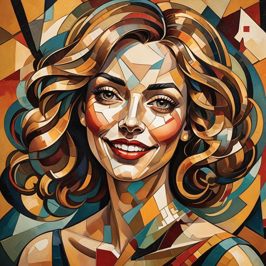 Cubist Woman Portrait with Geometric Shapes and Bold Colors