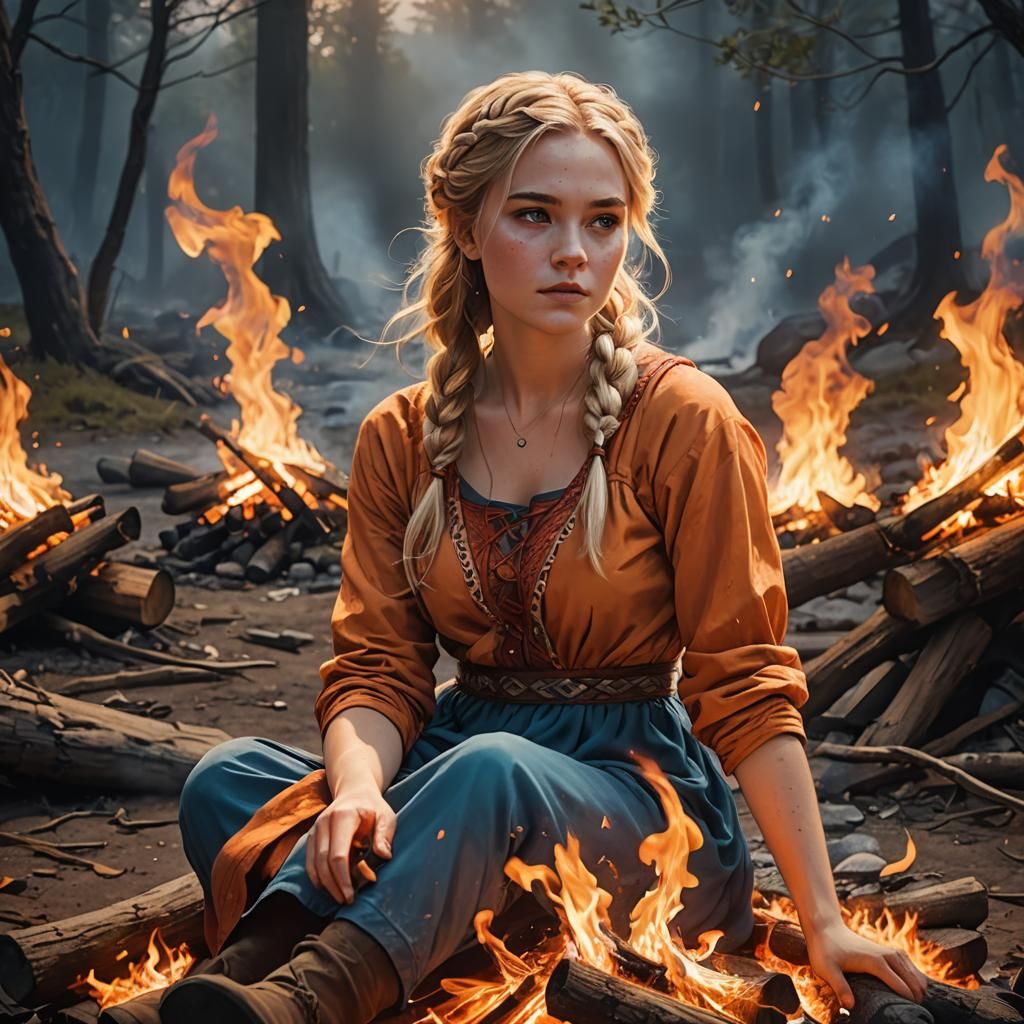 Campfire Girl with Braided Hair in Fantasy Art