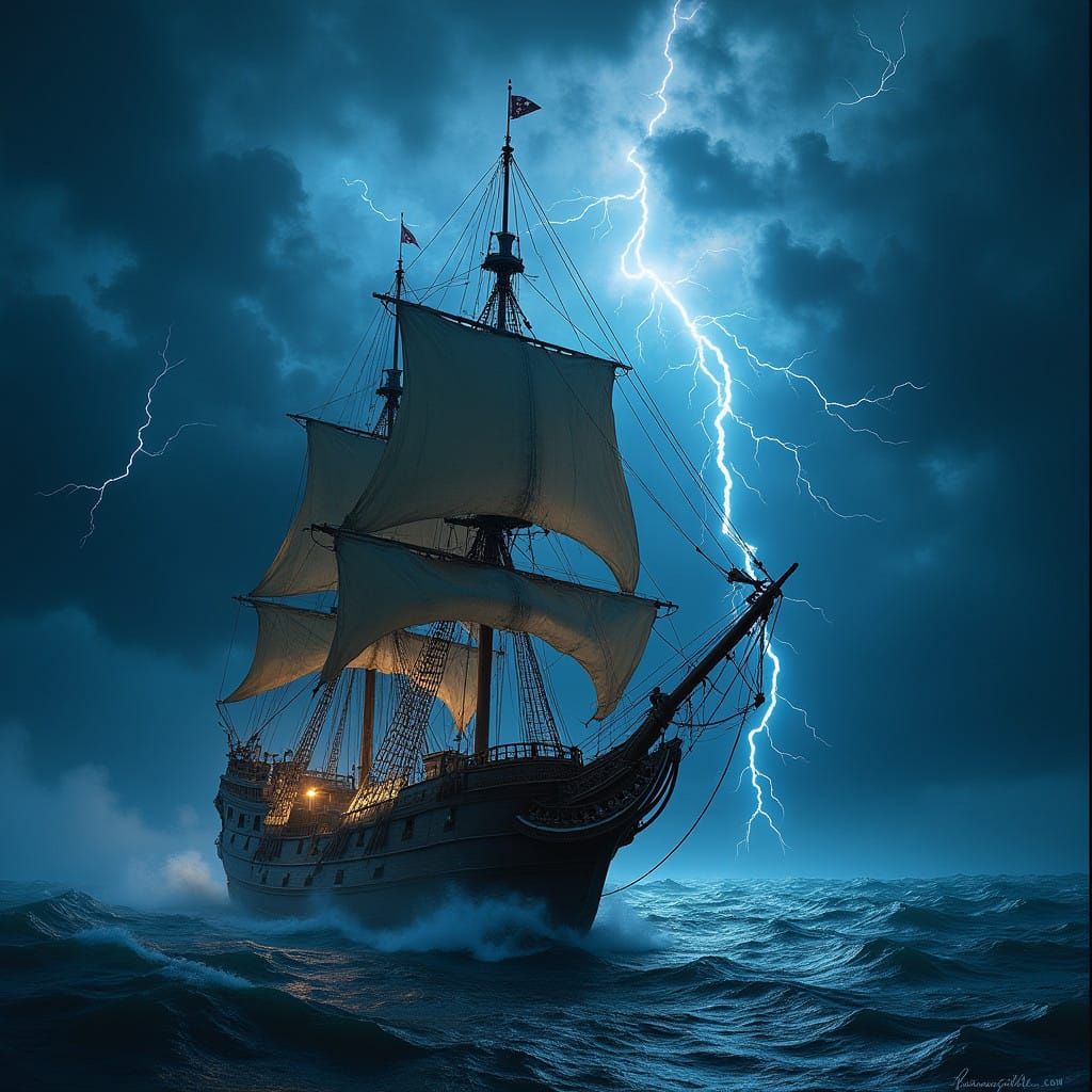 Majestic 17th-Century Pirate Galleon Sails Through Stormy Oc...