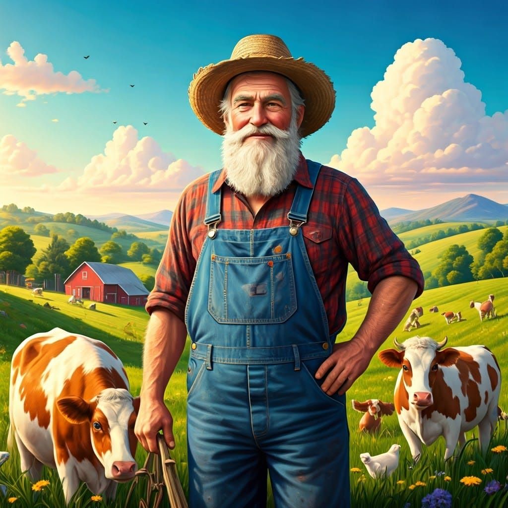 Happy Farmer on His Farm, Illustration Art