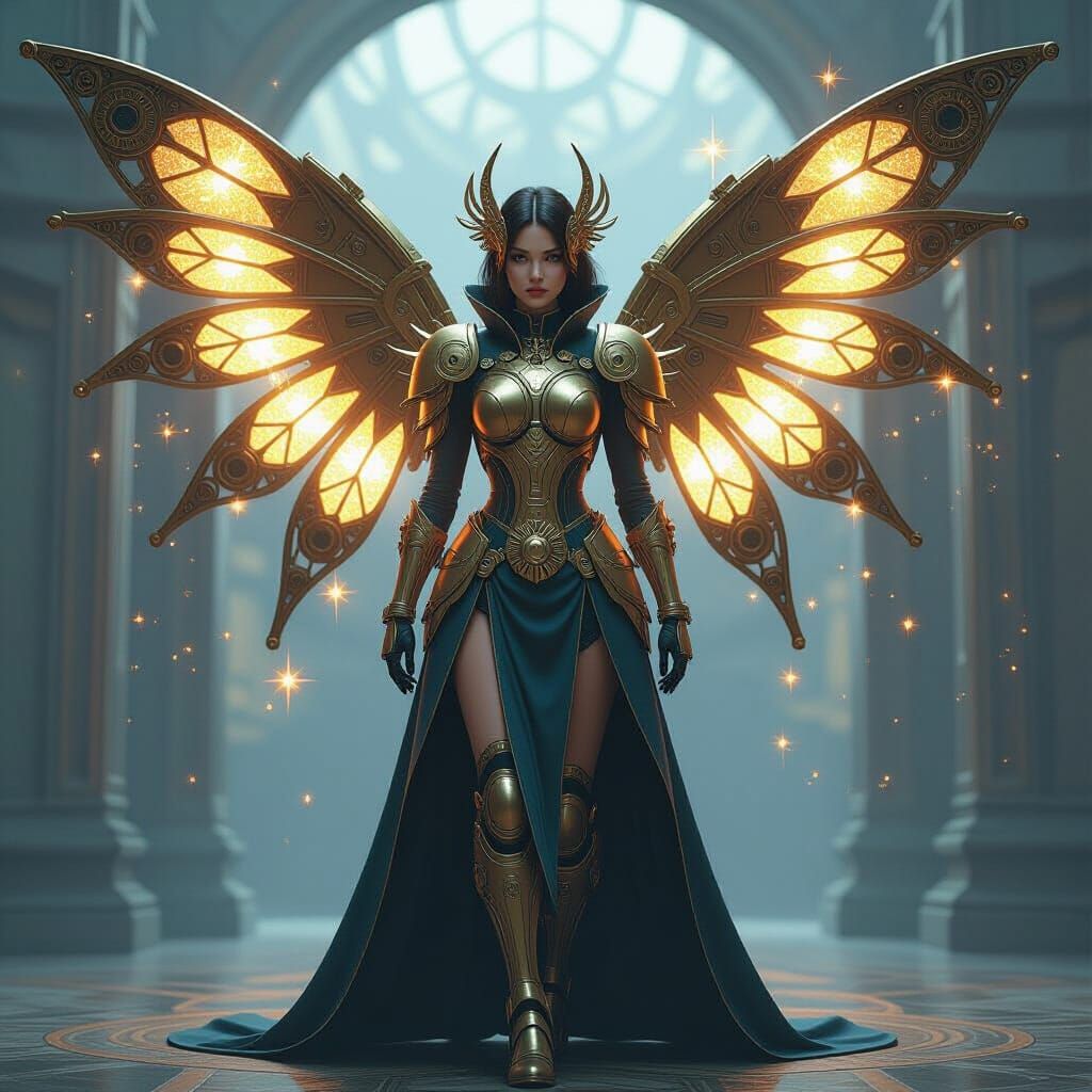 Steampunk Cosmic Heroine with Mechanical Wings