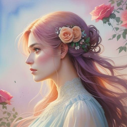 Woman Adorned With Roses in Ethereal Watercolor Style
