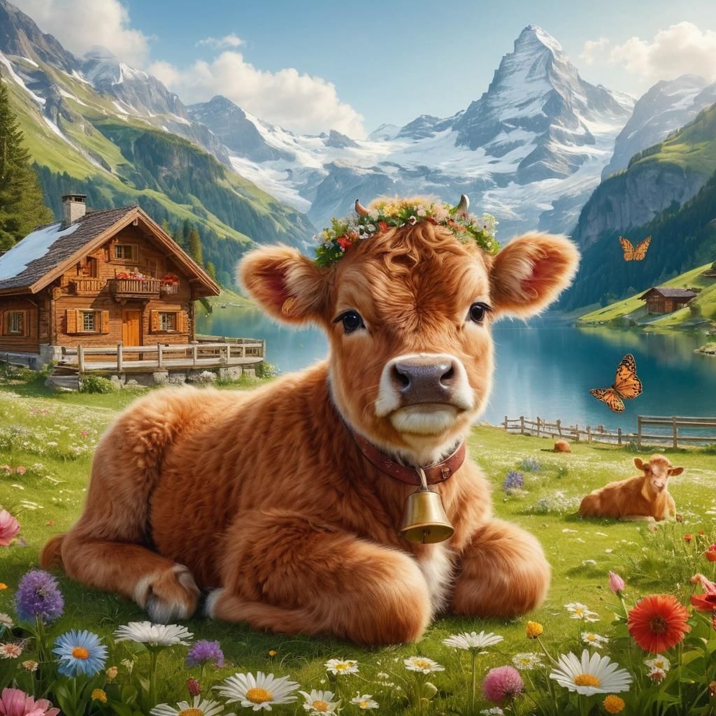 Charming Swiss Calf in Alpine Meadow