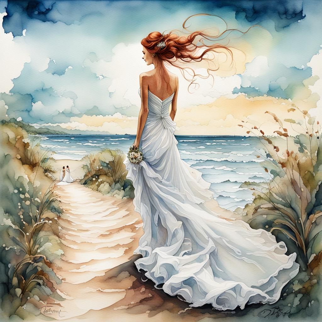 Beach Wedding Scene in Airbrushed Watercolor Style