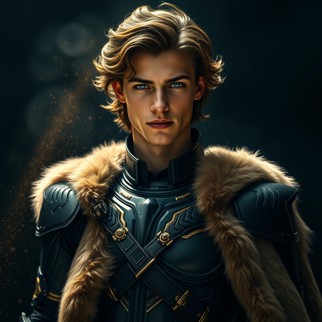 Young Man in Futuristic Armor with Gold Dust