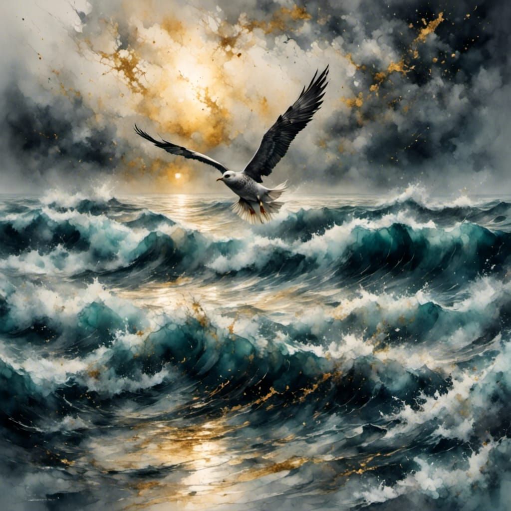 Seagull Battles Waves at Golden Hour