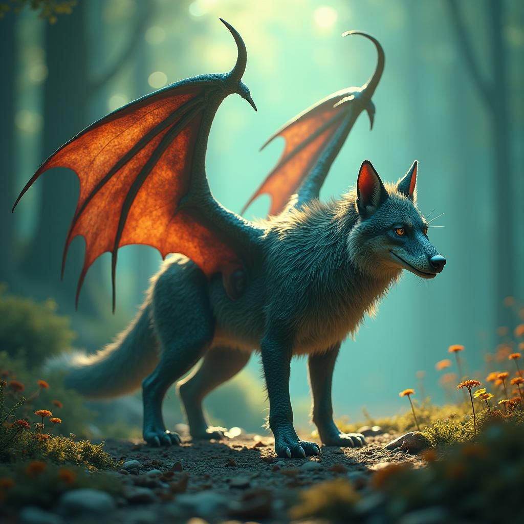 Majestic Wolf-Dragon Hybrid in Hyper-Realistic Detail