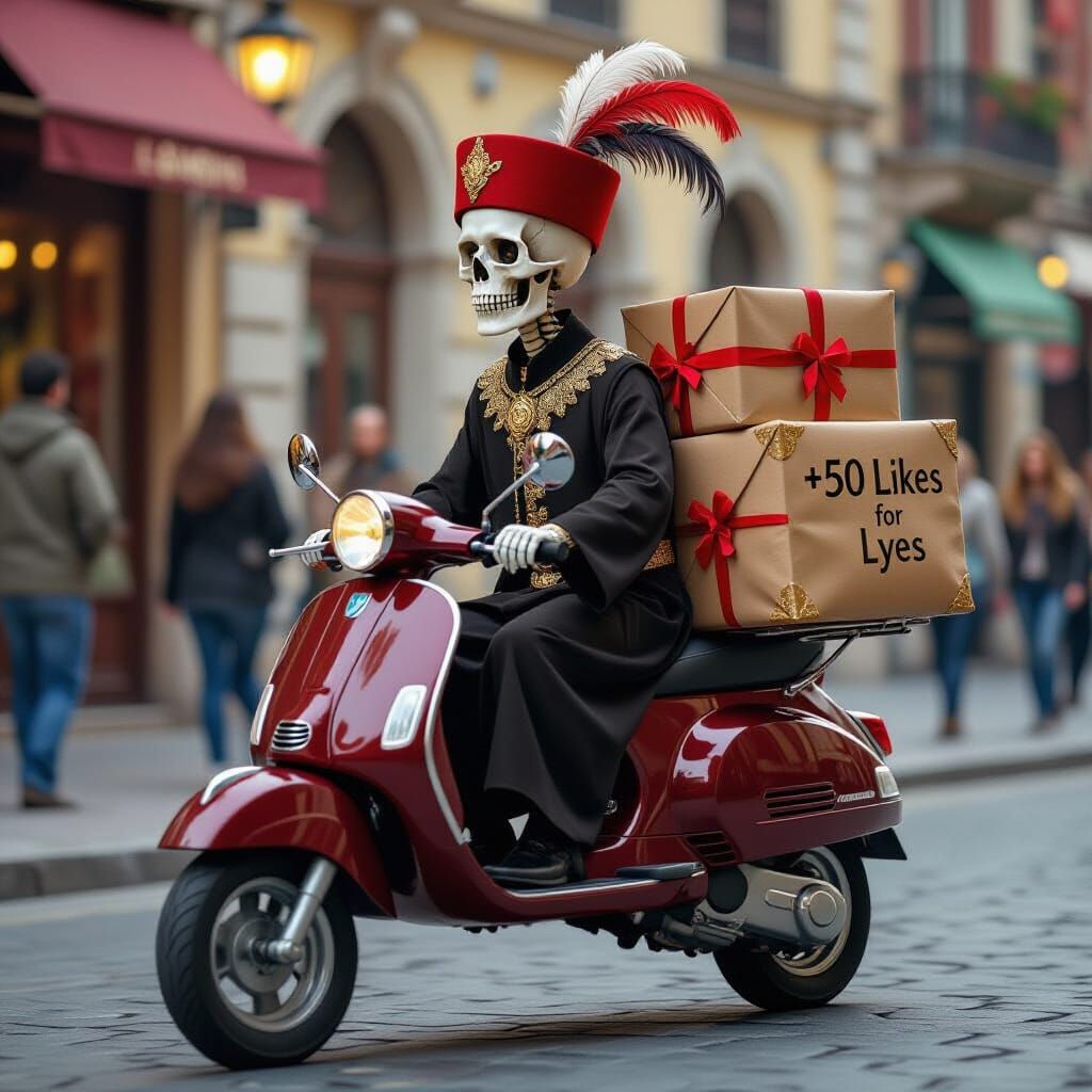 Skeleton Courier on Moped, in Surreal Style