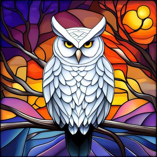 White Owl and Full Moon in Stained Glass