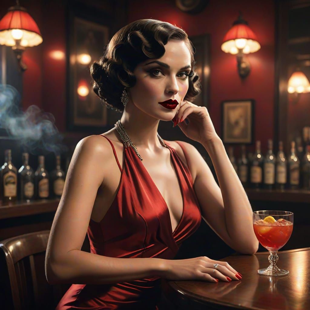 Sensual Woman in Red Dress at 1920s Speakeasy