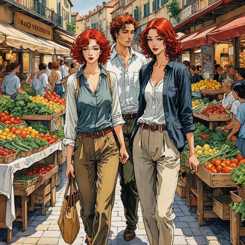 Romantic Embrace in Provençal Market, Bande Dessinées Style