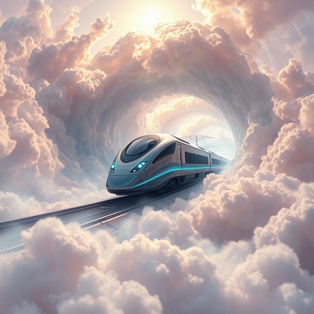 Sleek Train Defies Time and Space in a Dreamlike Vortex