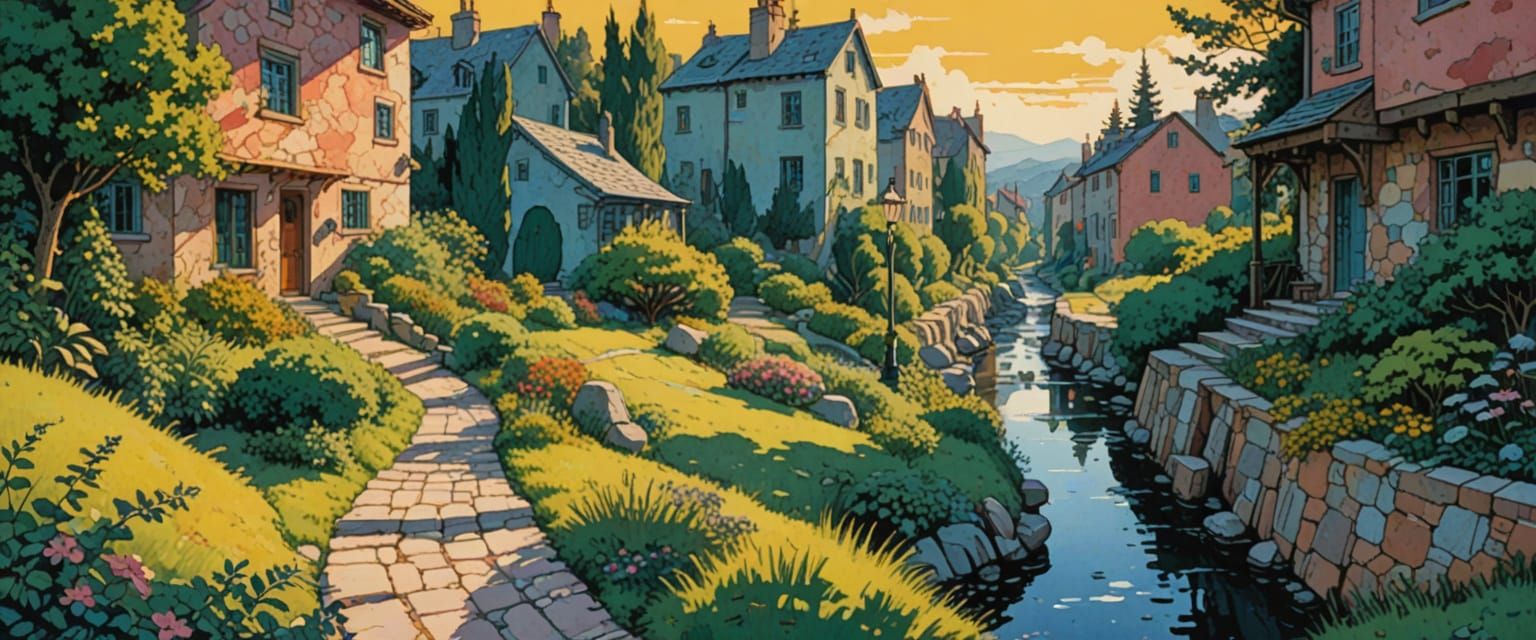Quaint Village Scene in Watercolor Comic Book Style