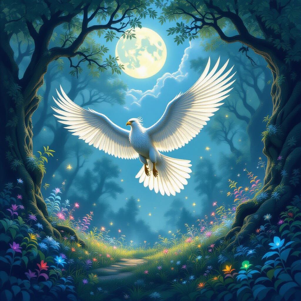 Majestic Griffin Soars Through Enchanted Forest Moonlight