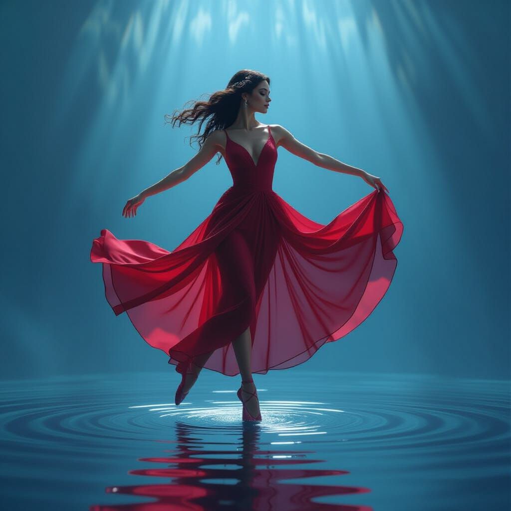Crimson Dancer in Dreamlike Oceanic Setting