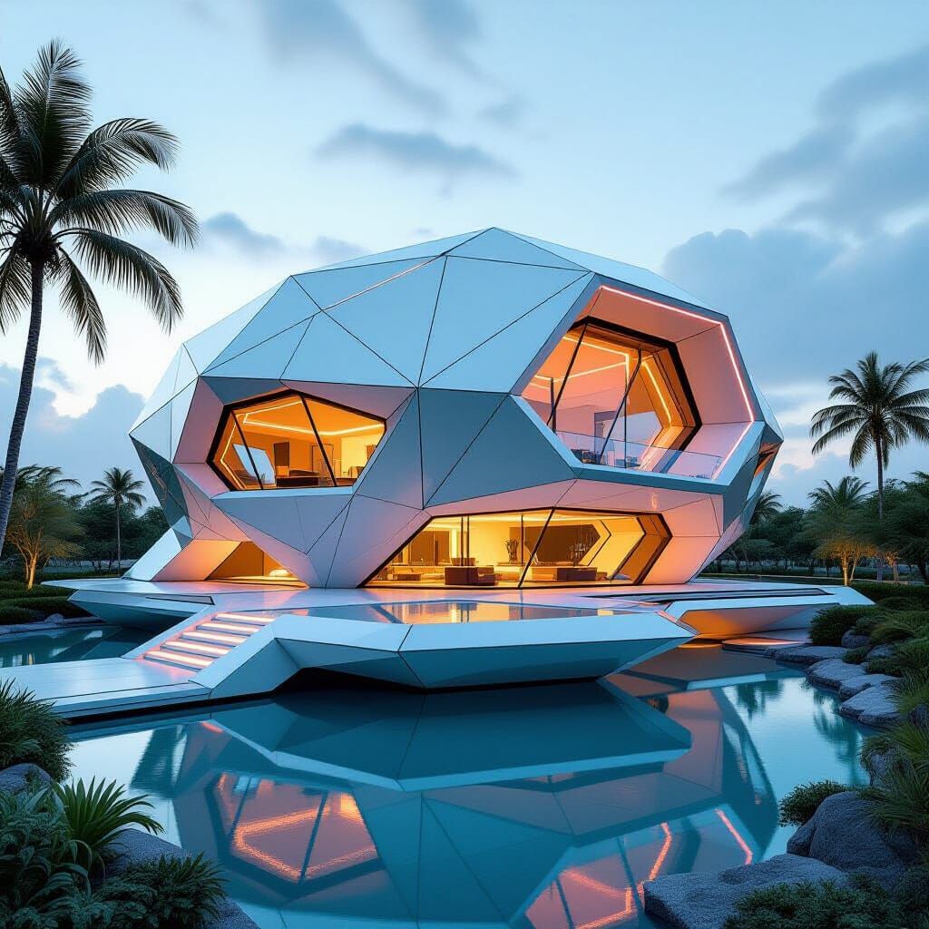 Futuristic Villa with Dodecahedron Base in Technical Style