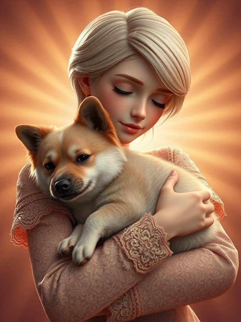 Girl Embracing Dog: Tender 3D Digital Art