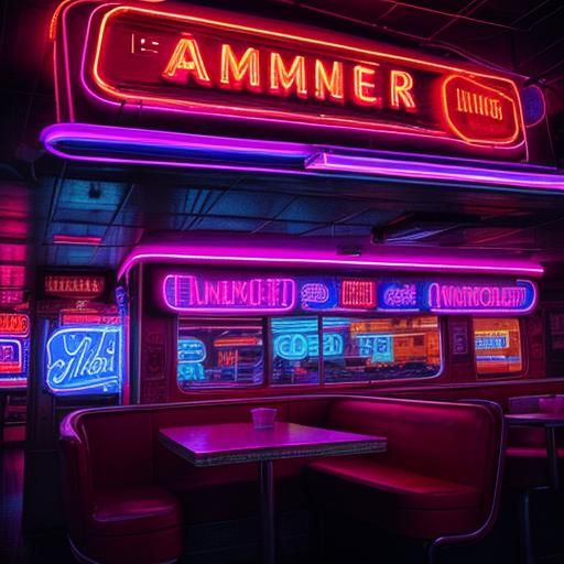 Synthwave Neon Diner: Hyperrealistic 1950s Scene